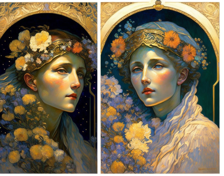 Intricate Art Nouveau style portraits of a woman with floral headdress in warm and cool tones