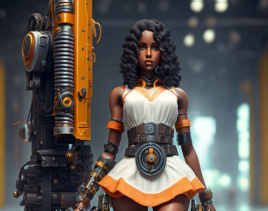 Futuristic female character with curly black hair in white and orange dress with robotic arm and mechanical backpack