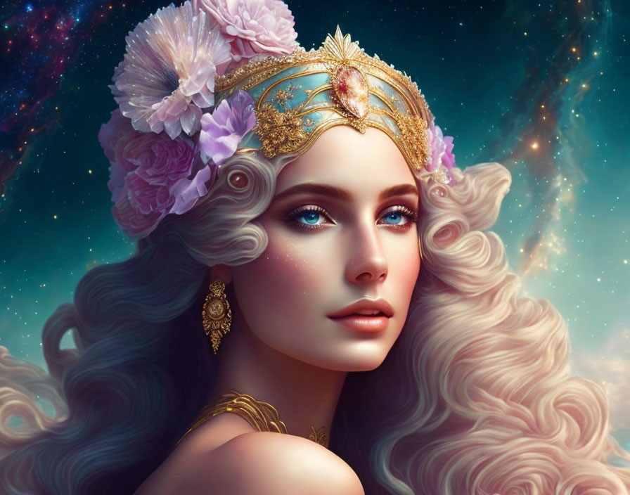 Stylized portrait of woman with flowing hair and floral tiara against cosmic backdrop