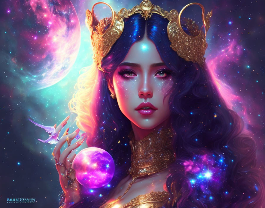 Fantastical digital artwork featuring woman with blue hair, golden crown, glowing orb, dragon, and