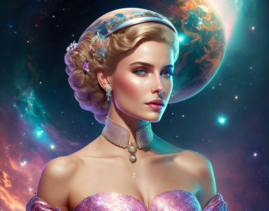 Regal woman in ornate headpiece with cosmic backdrop