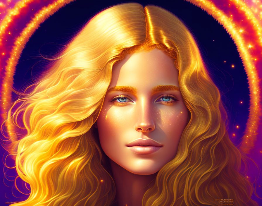 Digital portrait of woman with golden hair and blue eyes in cosmic setting