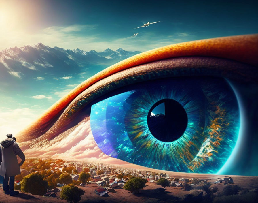 Surreal landscape with oversized human eye and flying plane