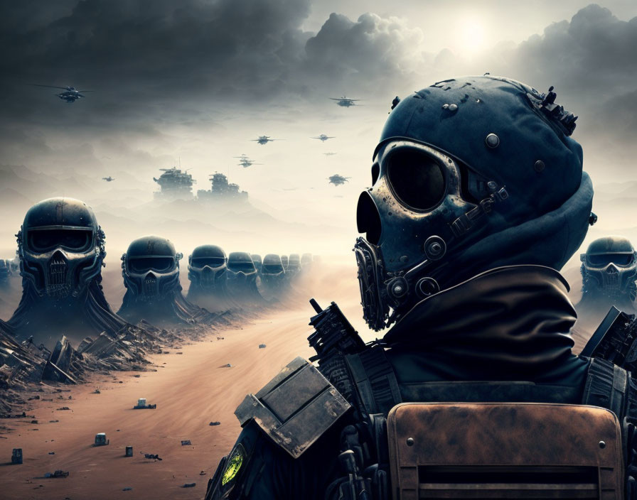 Futuristic soldier in gas mask surveys desert battlefield with helicopters and armored forces at dusk