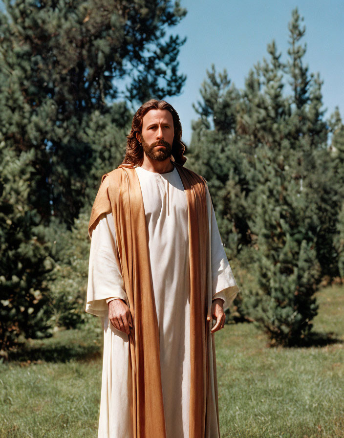 Traditional white and gold robed man in grassy field with pine trees