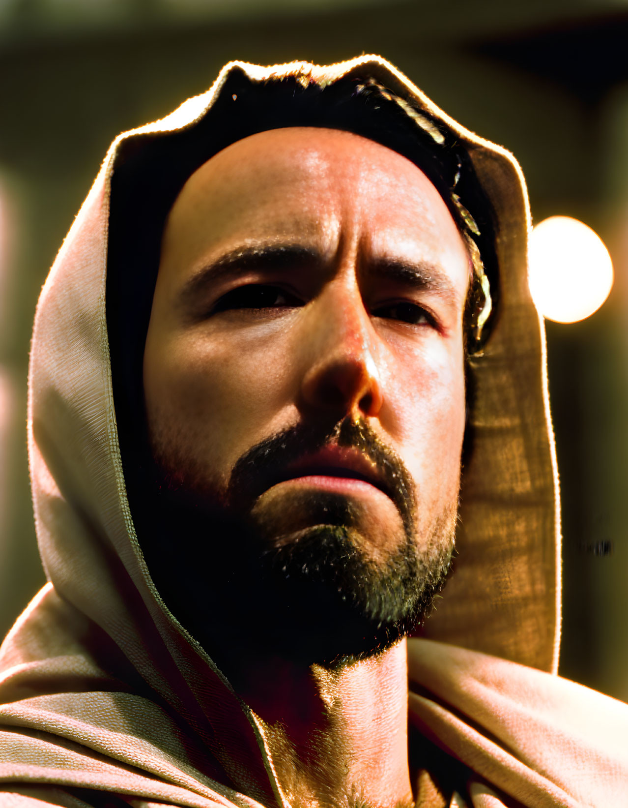 Bearded man in hooded cloak gazes solemnly under warm light