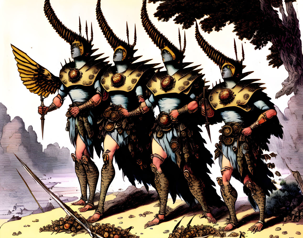 Warriors in Horned Helmets and Armor Marching in Barren Landscape