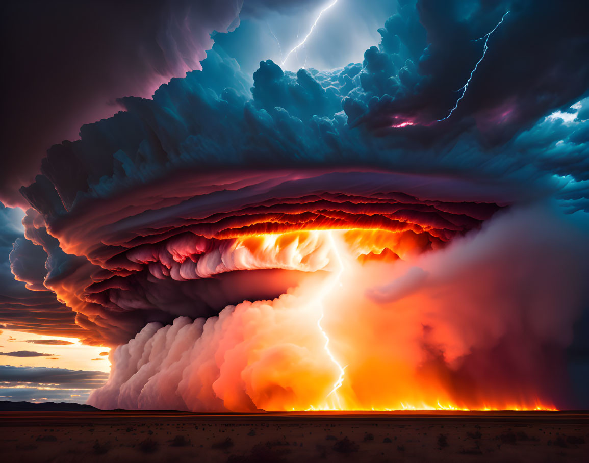 Fiery orange and purple cumulonimbus cloud in dramatic thunderstorm