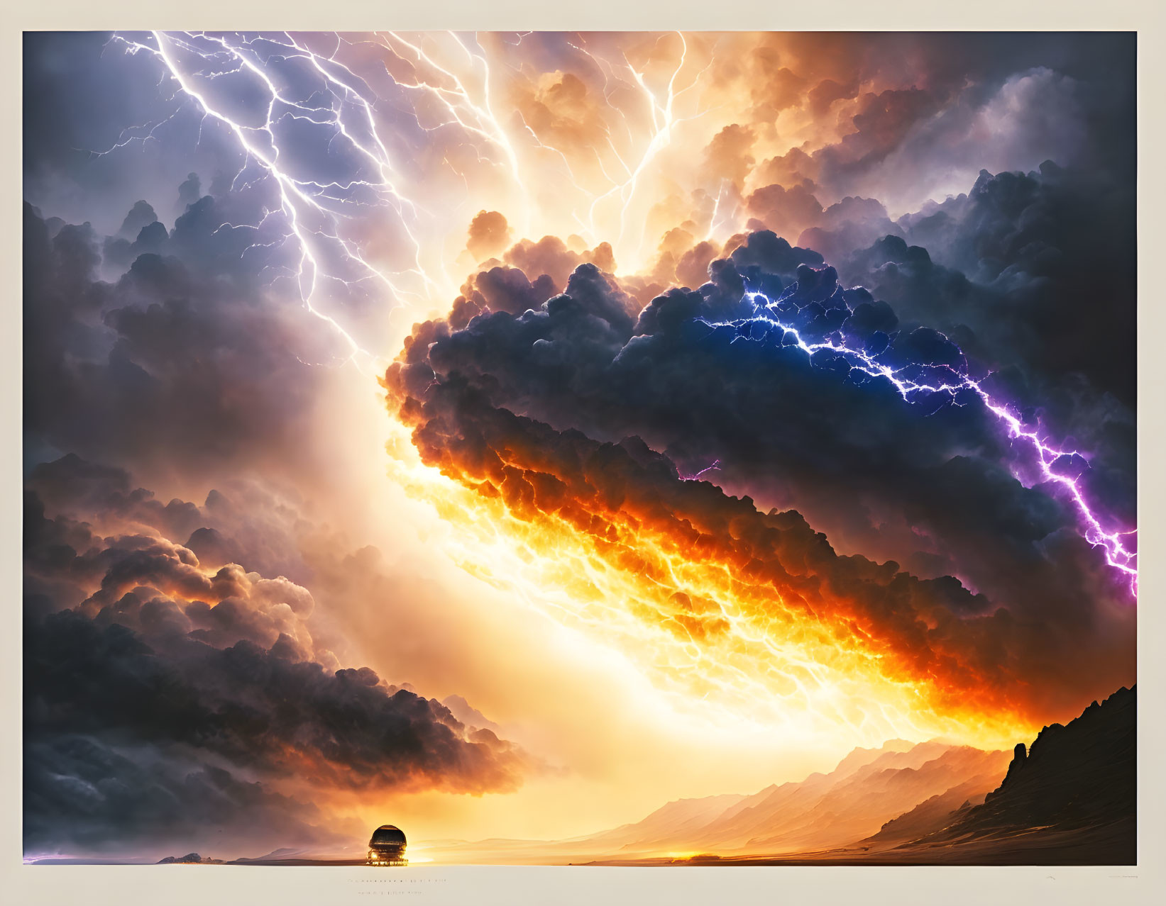 Dramatic scene: ominous thundercloud with violet lightning bolts and fiery sunset over mountains