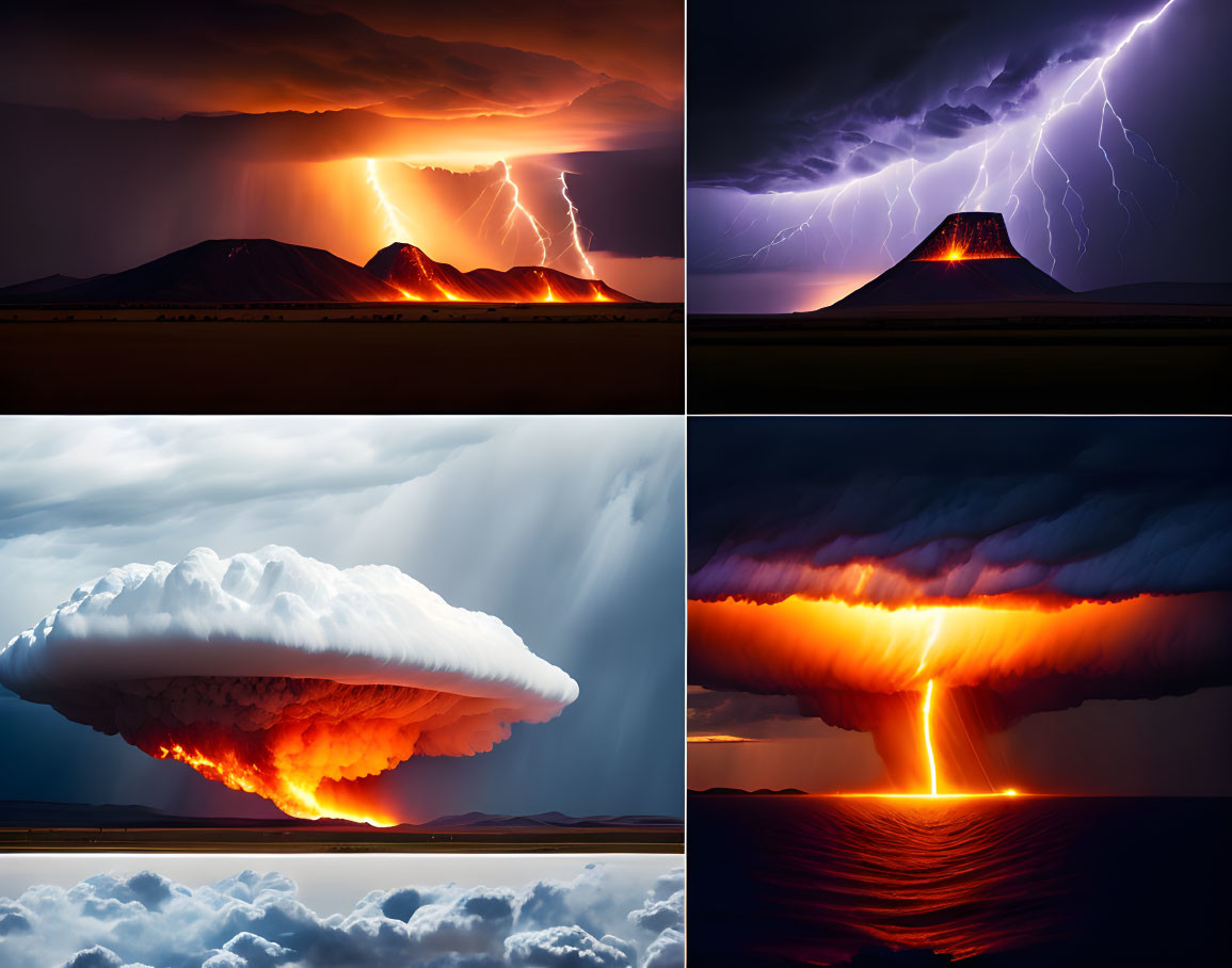 Collage of Lightning Strikes, Volcanic Eruption, and Colorful Cloud Formations