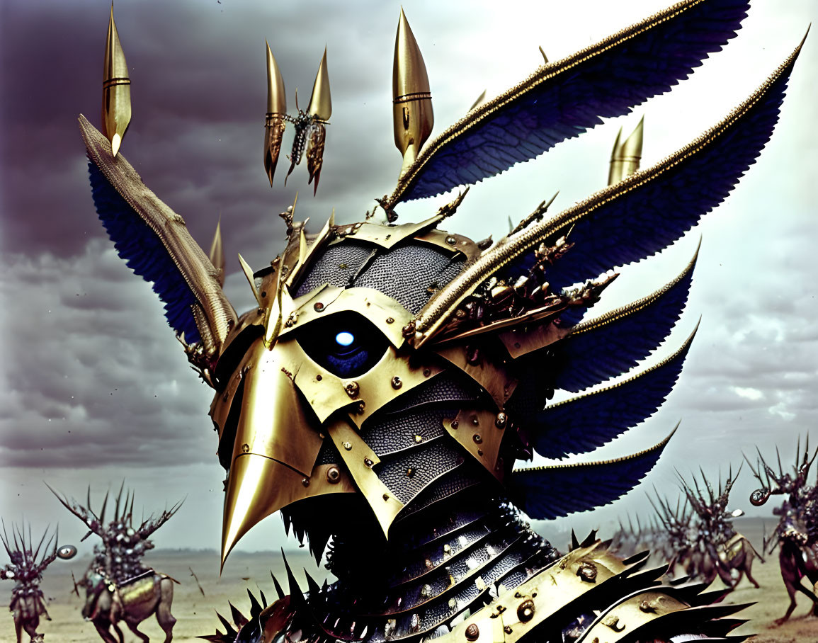 Futuristic warriors in metal armor with horned helmets and blue wings under a cloudy sky