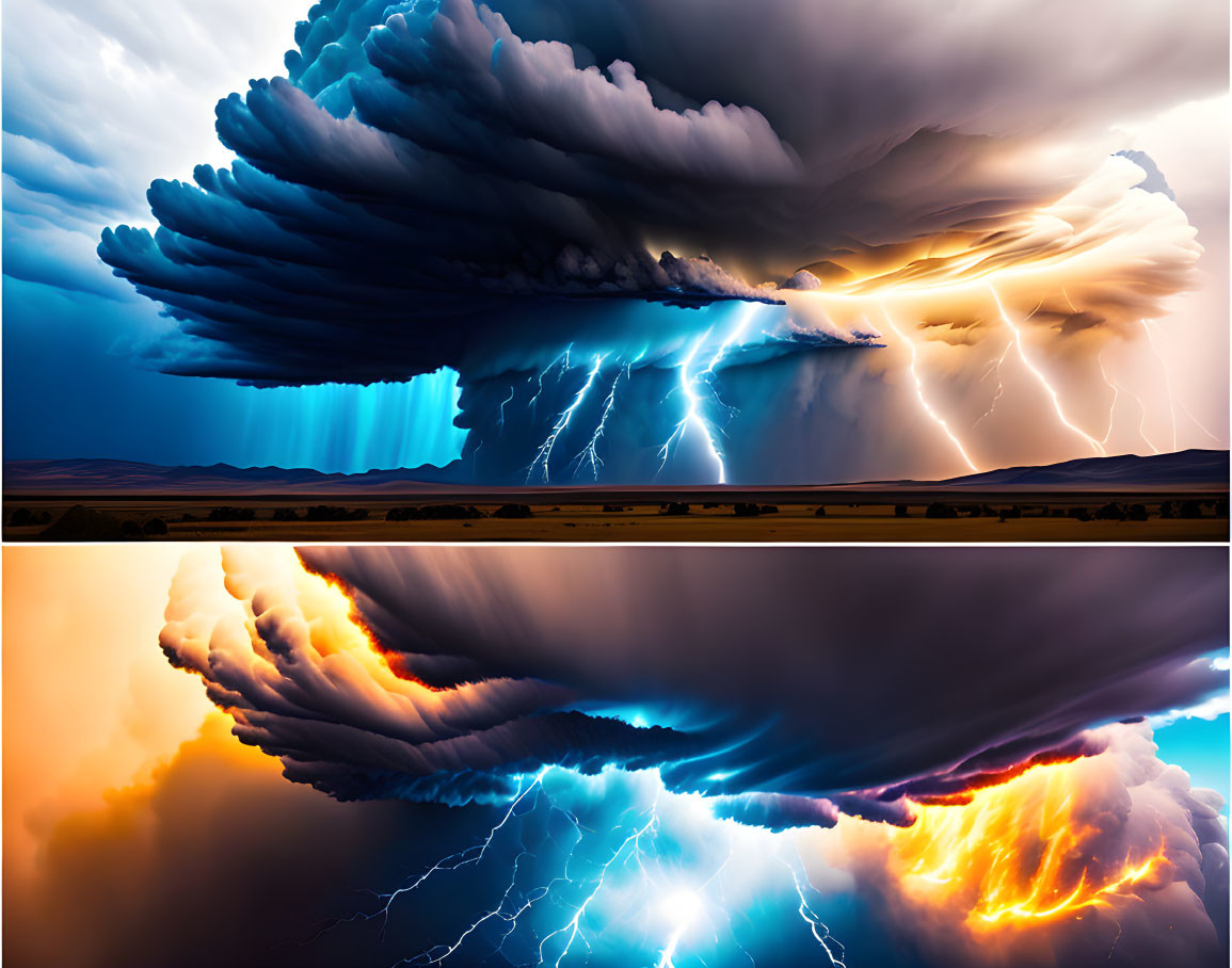 Dramatic Supercell Thunderstorms with Lightning Strikes in Composite Image