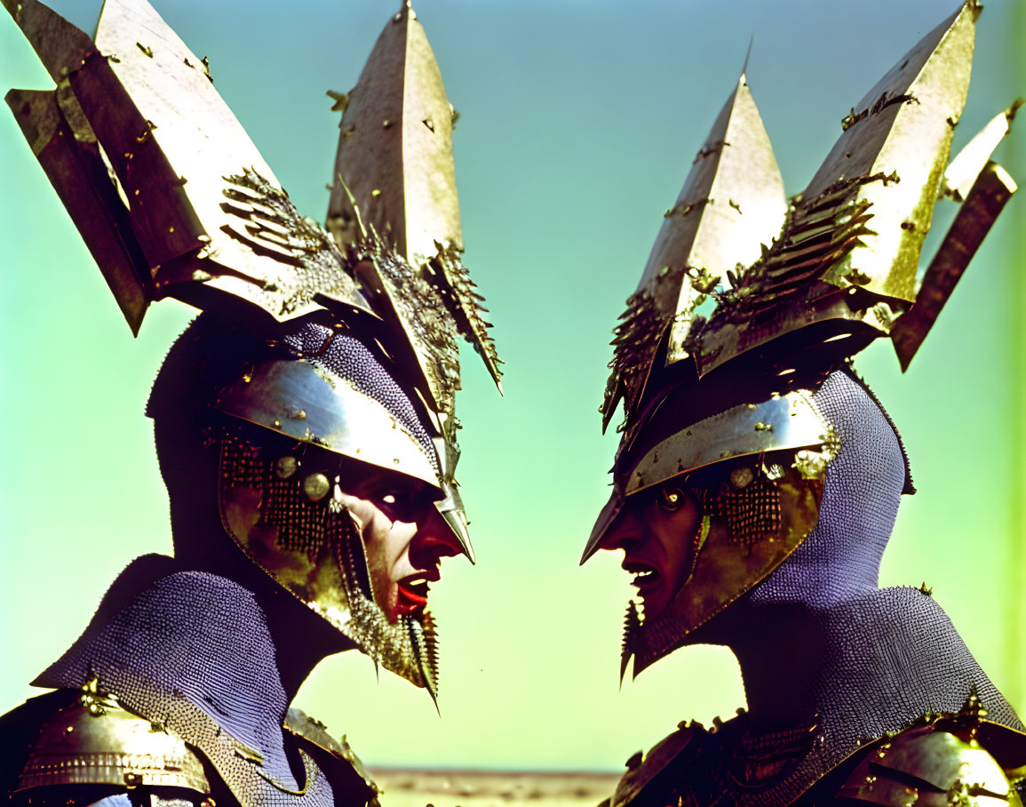 Medieval armor-clad figures with bird wing helmet crests face off under blue sky