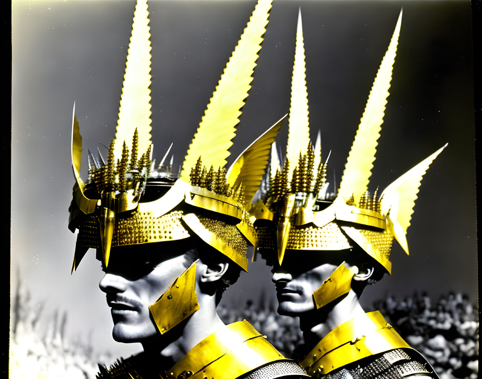 Elaborate golden spiked helmets on two individuals