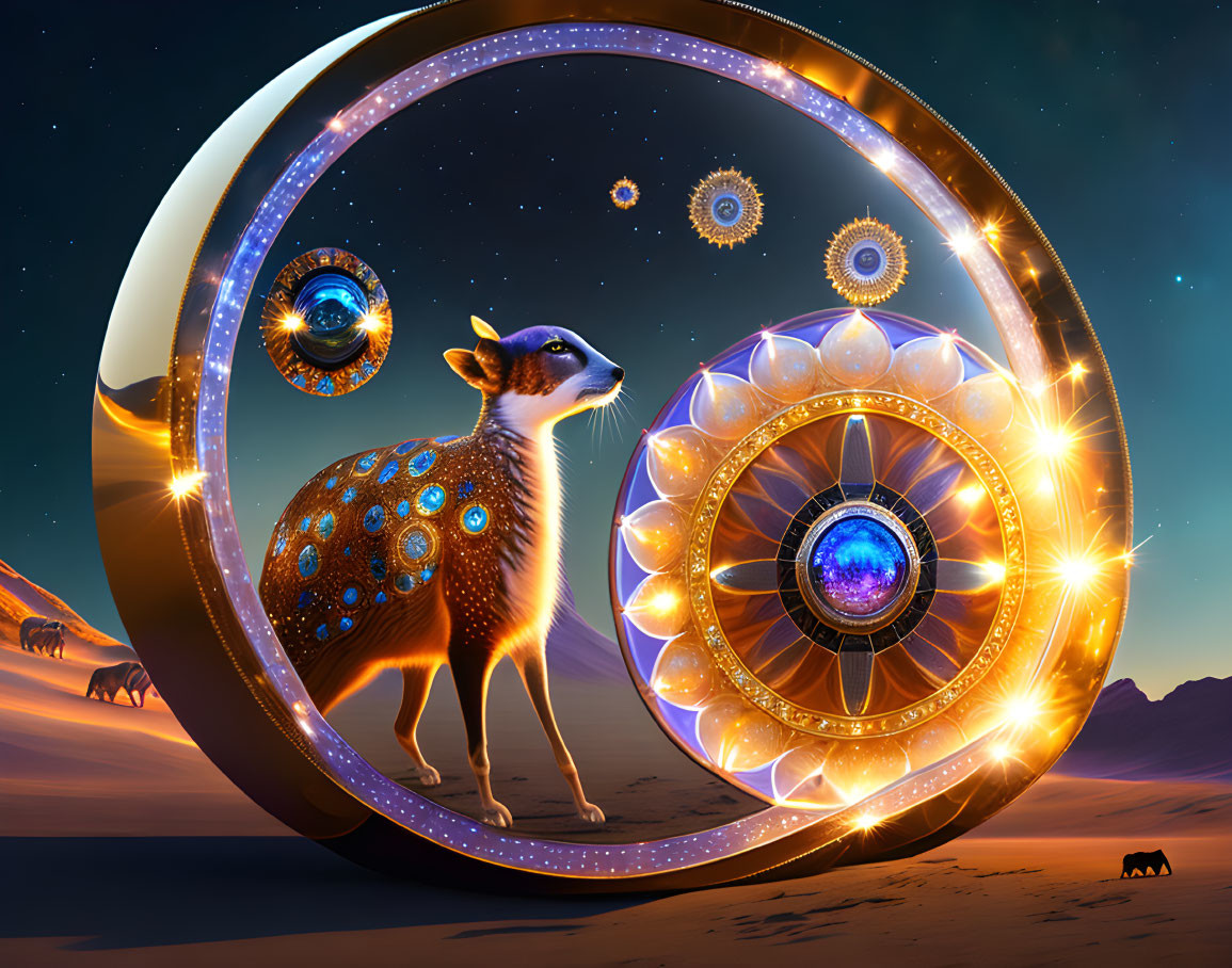 Peacock-themed deer near glowing futuristic portal in twilight desert