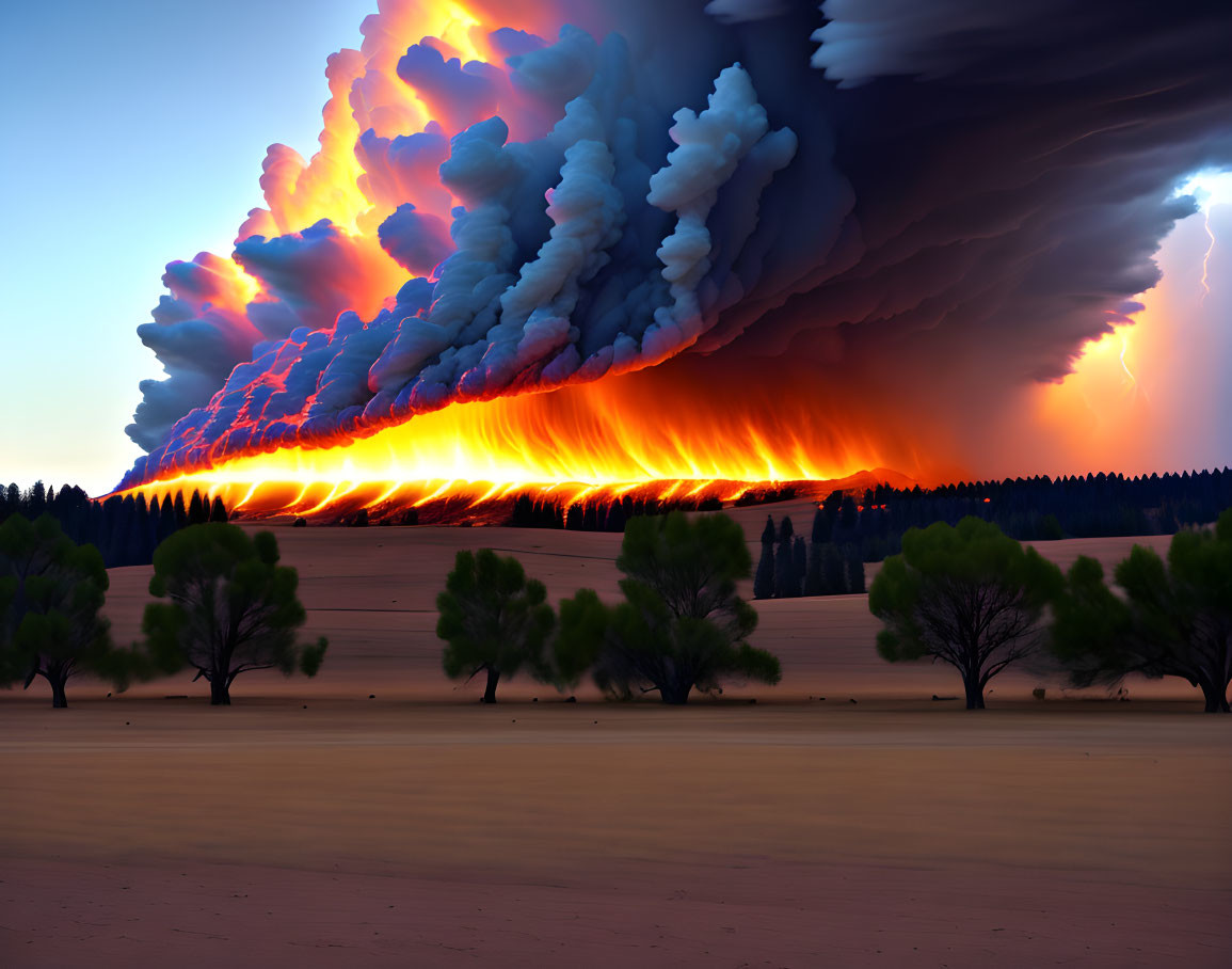 Dramatic wildfire with towering smoke plume and lightning strike in forest landscape