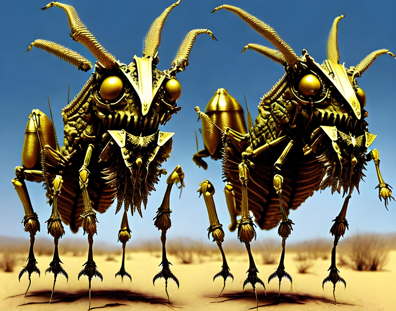 Fantastical golden mechanical insects in desert setting