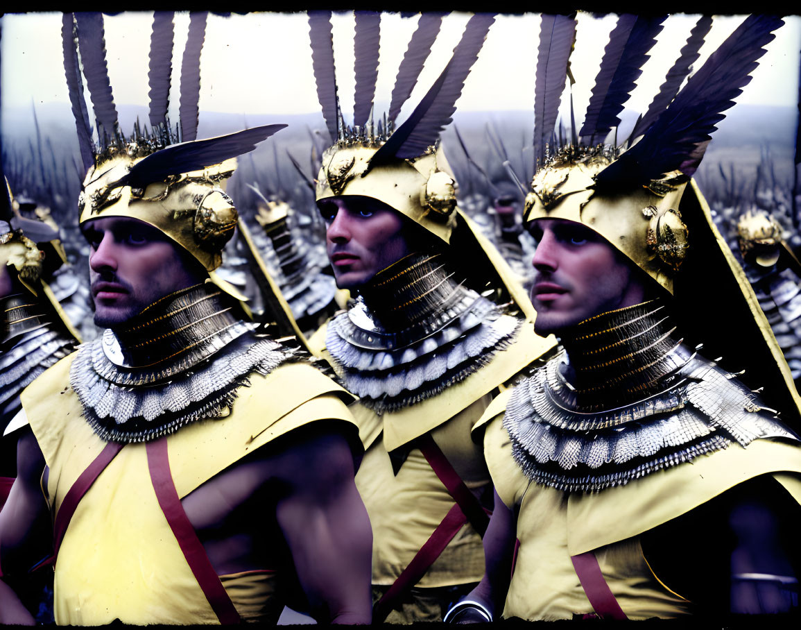 Three individuals in ancient warrior costumes with golden helmets and breastplates against blurred background