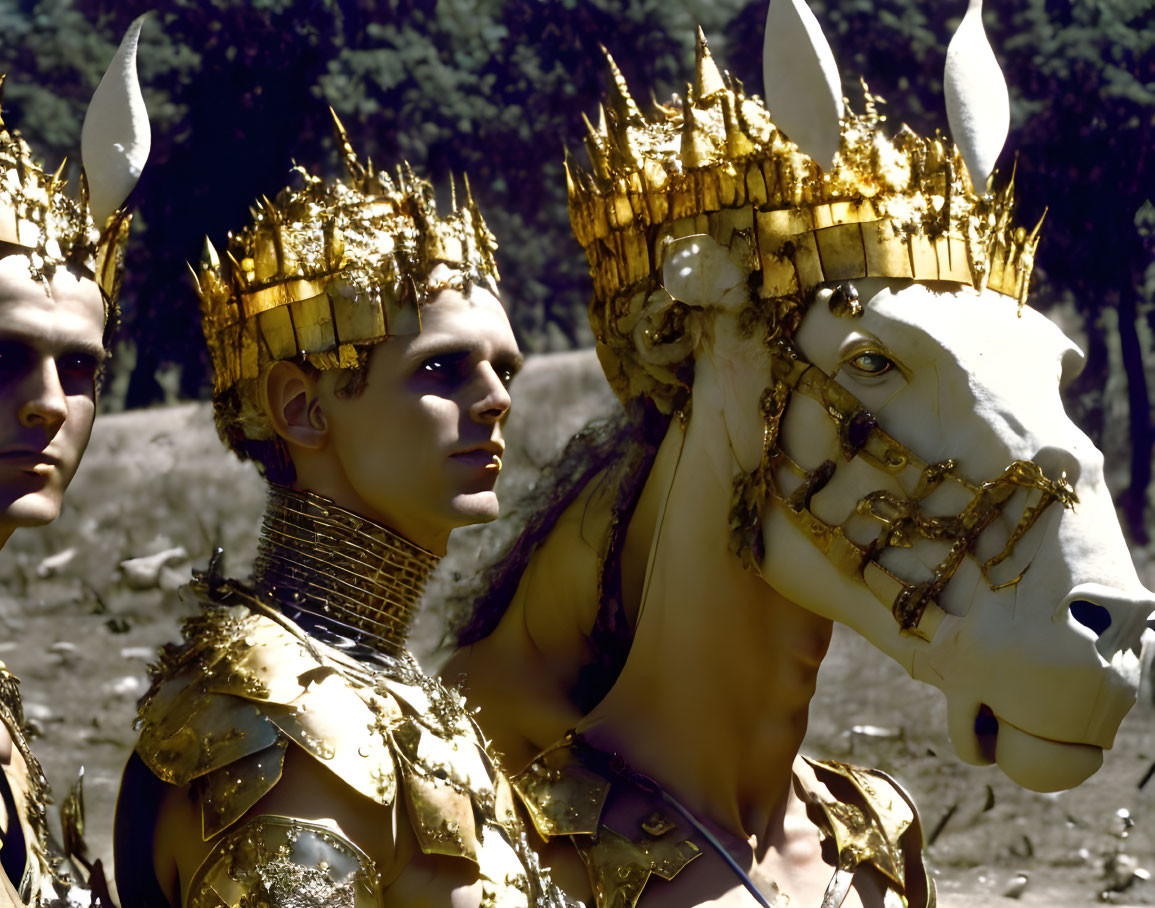 Two people in golden crowns and armor with a white horse wearing a crown.