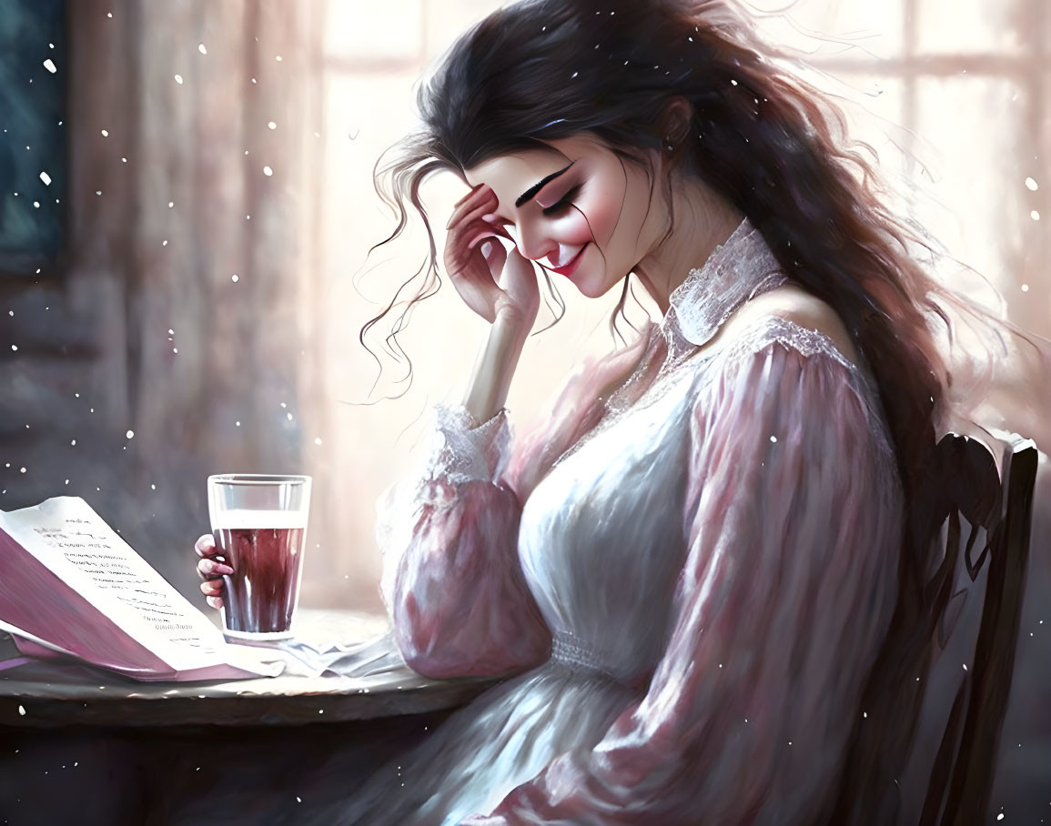 Woman in delicate dress reading book by window with tea, snowflakes drifting.