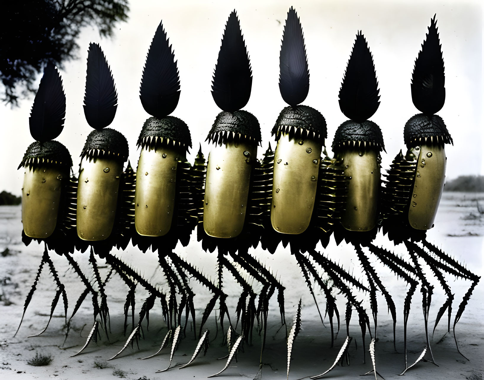 Golden helmets with black plumes on spider legs in desert: surreal phalanx of ancient warriors