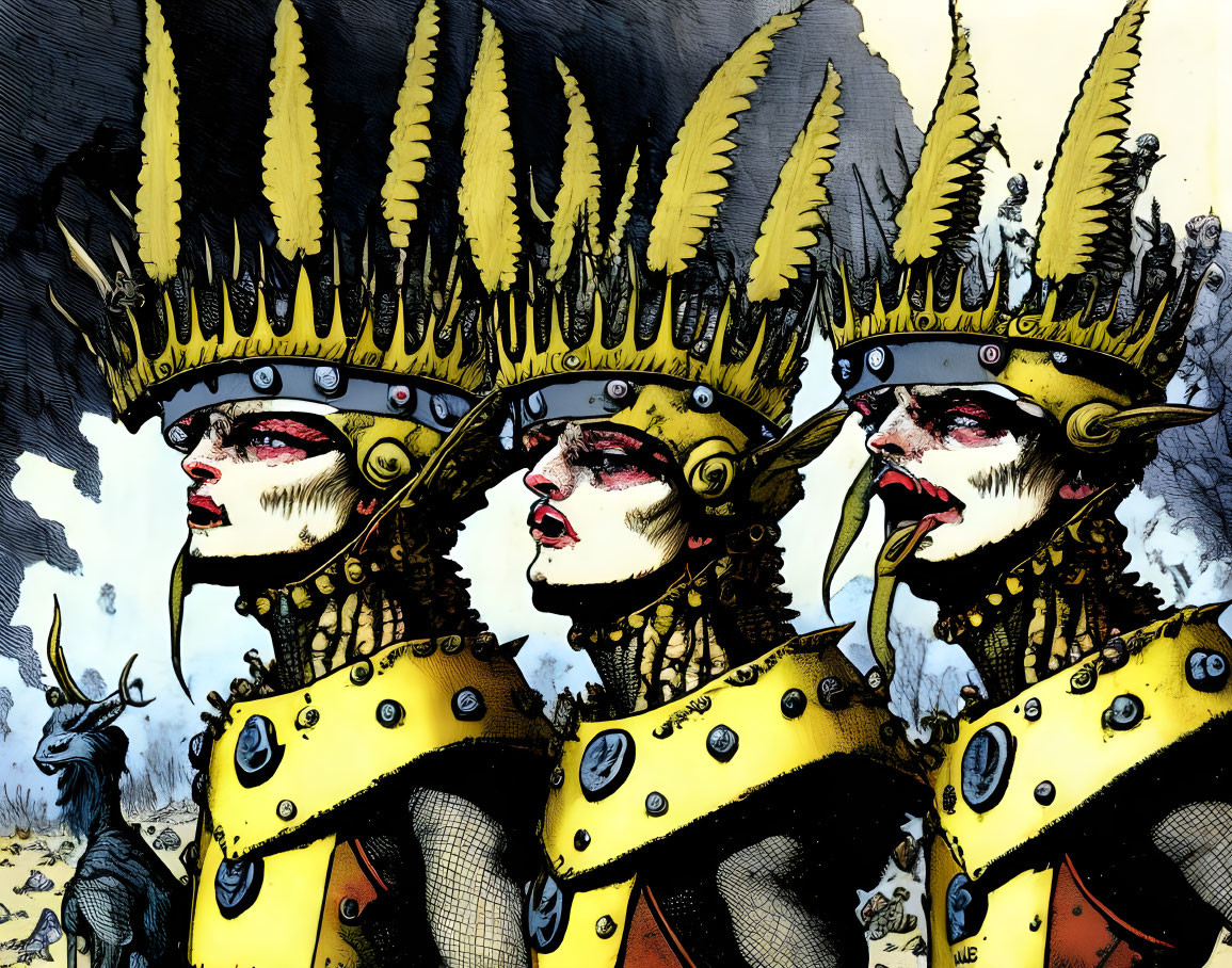 Three identical figures in ornate yellow costumes and spiked helmets with dramatic makeup depicted in a stylized manner