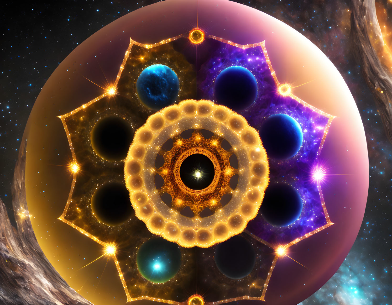 Colorful Fractal Art: Central Eye Pattern, Cosmic Rings, Stars & Planets