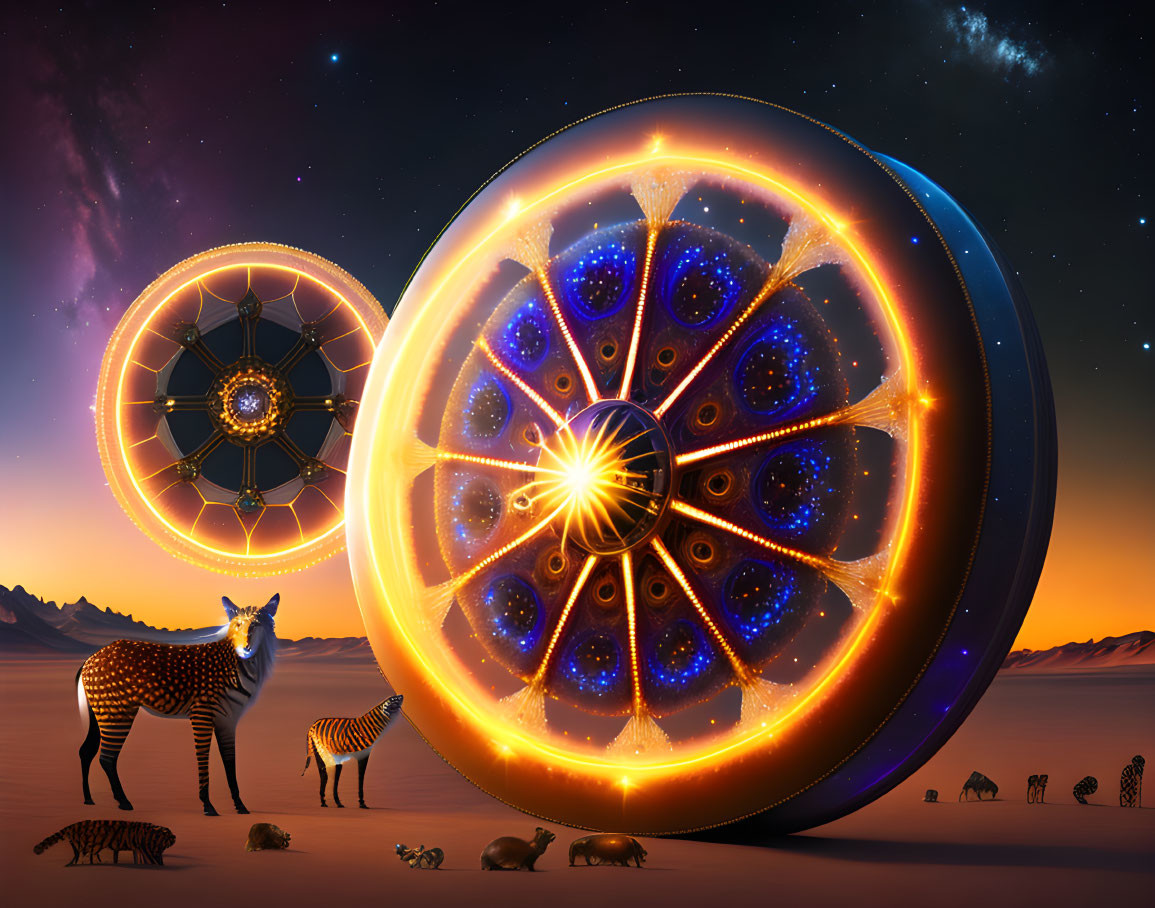 Zebras and animals in desert with glowing fractal wheels and starry sky