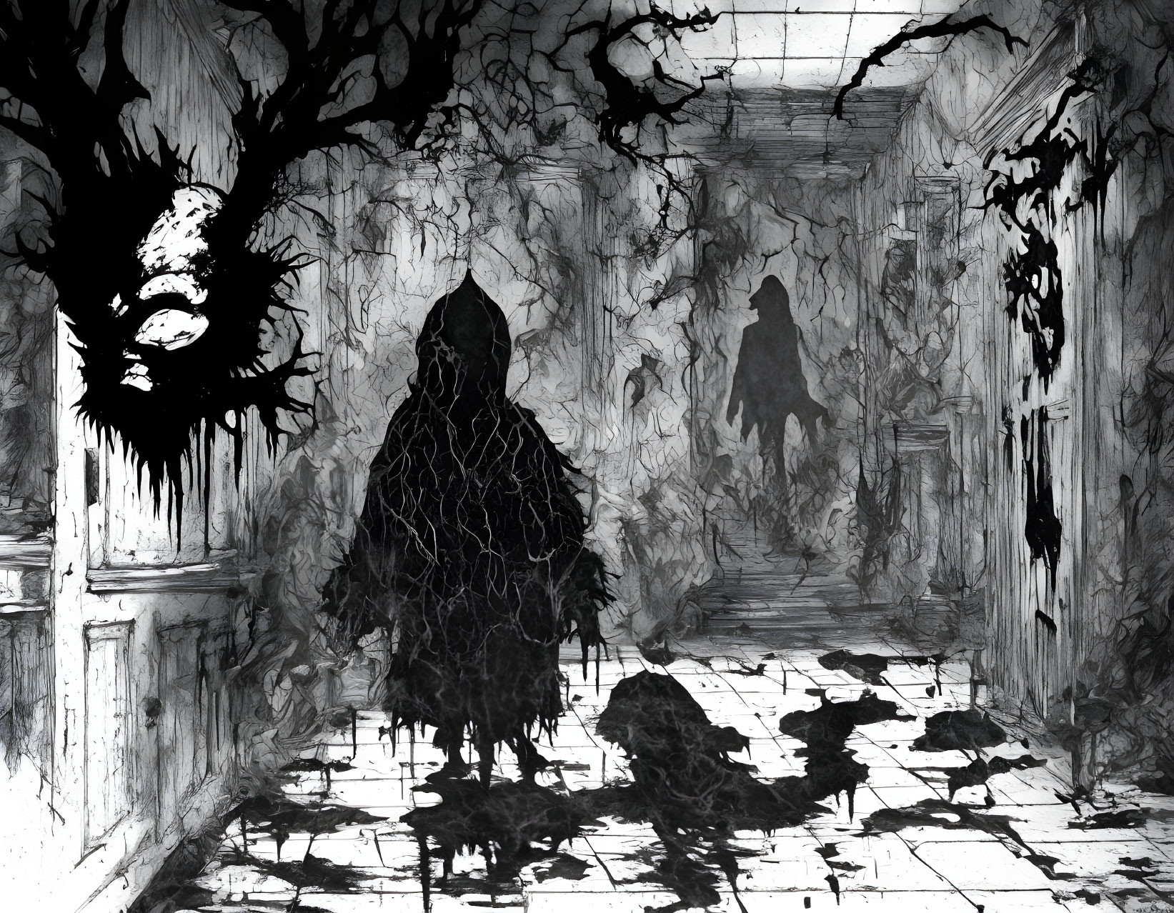 Monochrome artwork of shadowy figure in cloaked silhouette in decrepit corridor