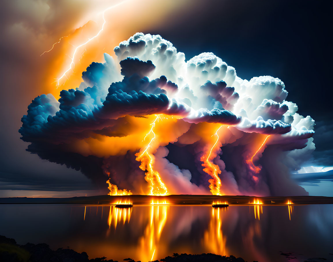 Volcanic eruption with lightning strikes and molten lava flow into water