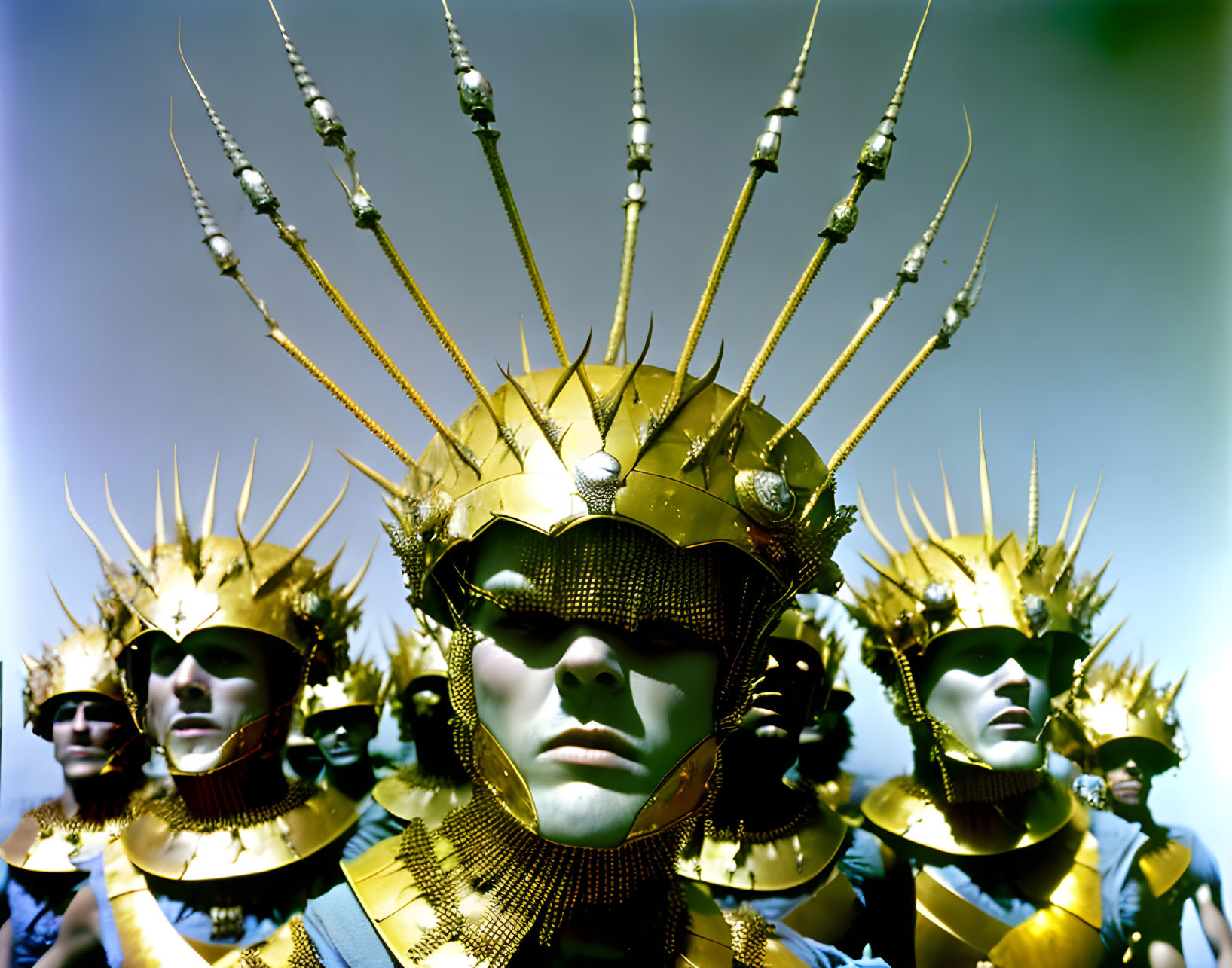 Group of People in Striking Gold Masks and Spiky Headdresses under Blue Sky