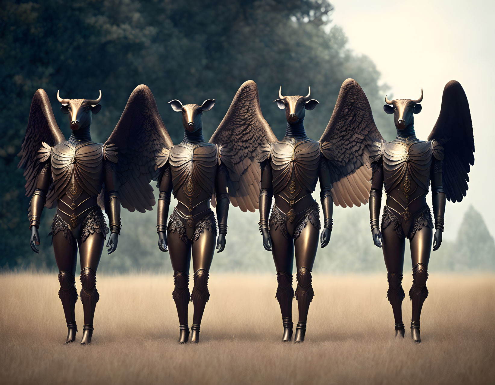 Metallic armored humanoid figures with ibex heads and wings in a field.