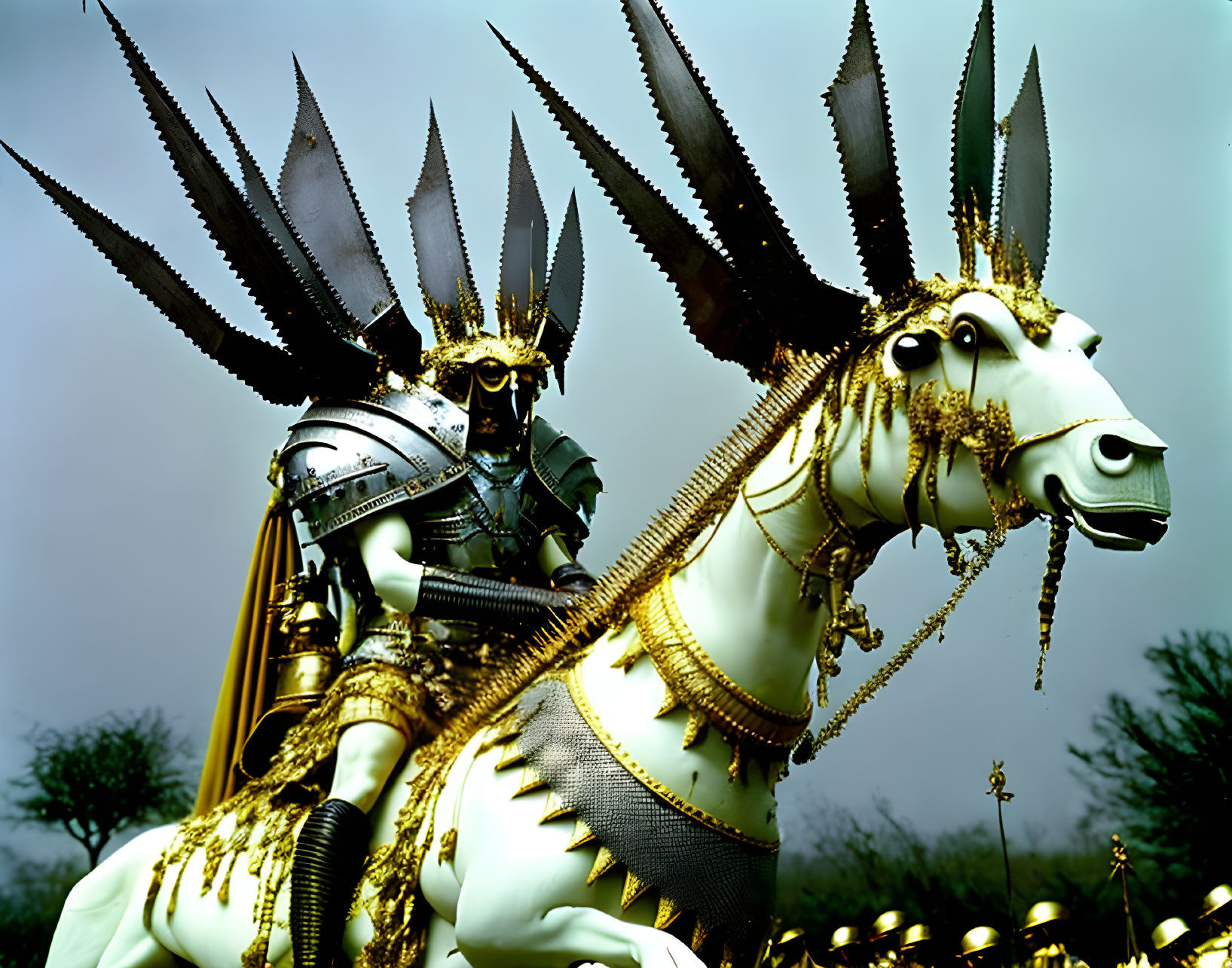 Elaborate spiked armor knight on horse against cloudy sky