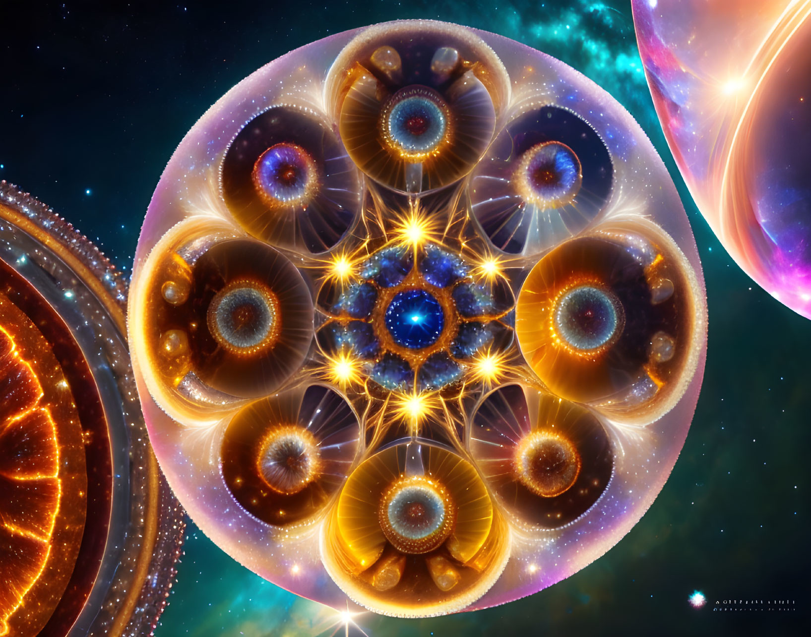 Symmetrical celestial and fractal digital artwork in vivid colors