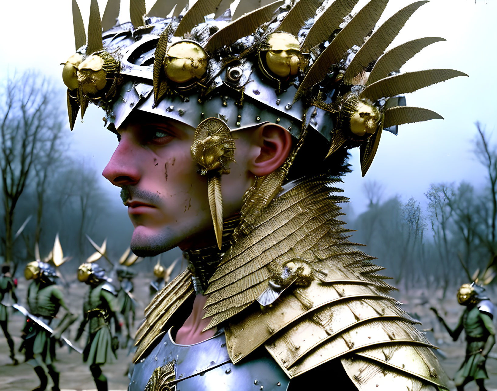 Person in ornate golden armor with feathered helmet and blurred figures in background