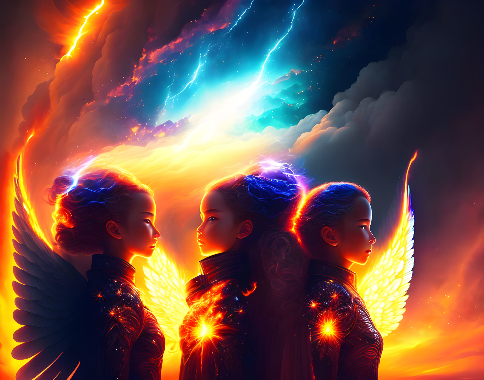 Three figures with angelic wings and fiery auras under a cosmic sky.