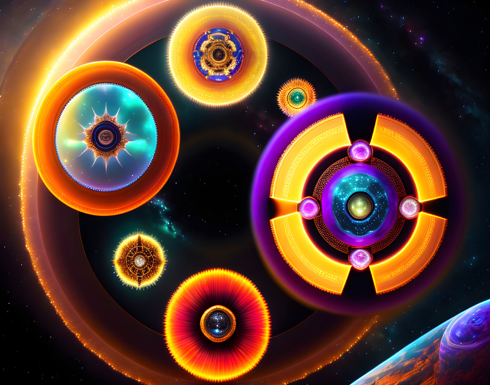 Colorful Abstract Circular Designs Floating Near Planet Surface