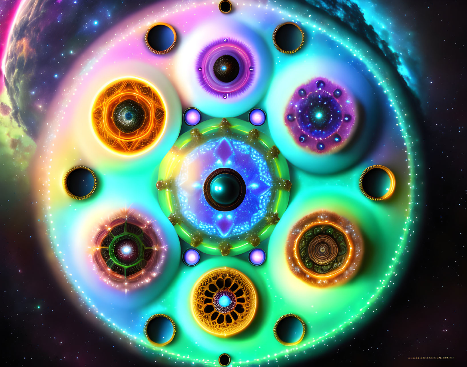 Colorful mandala surrounded by intricate eyes on cosmic background.