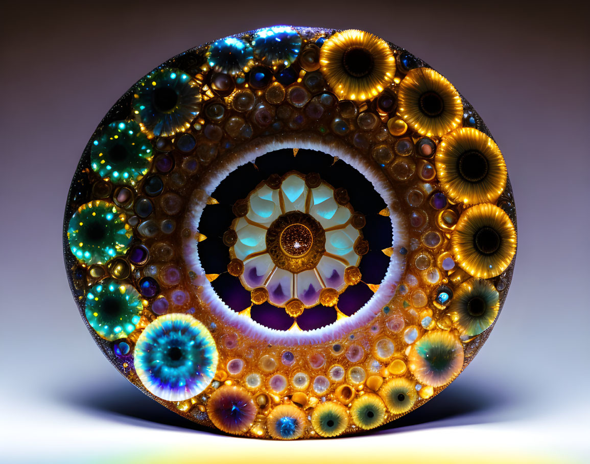 Circular Ornate Object with Glowing Intricate Patterns and Colorful Jewel-like Details