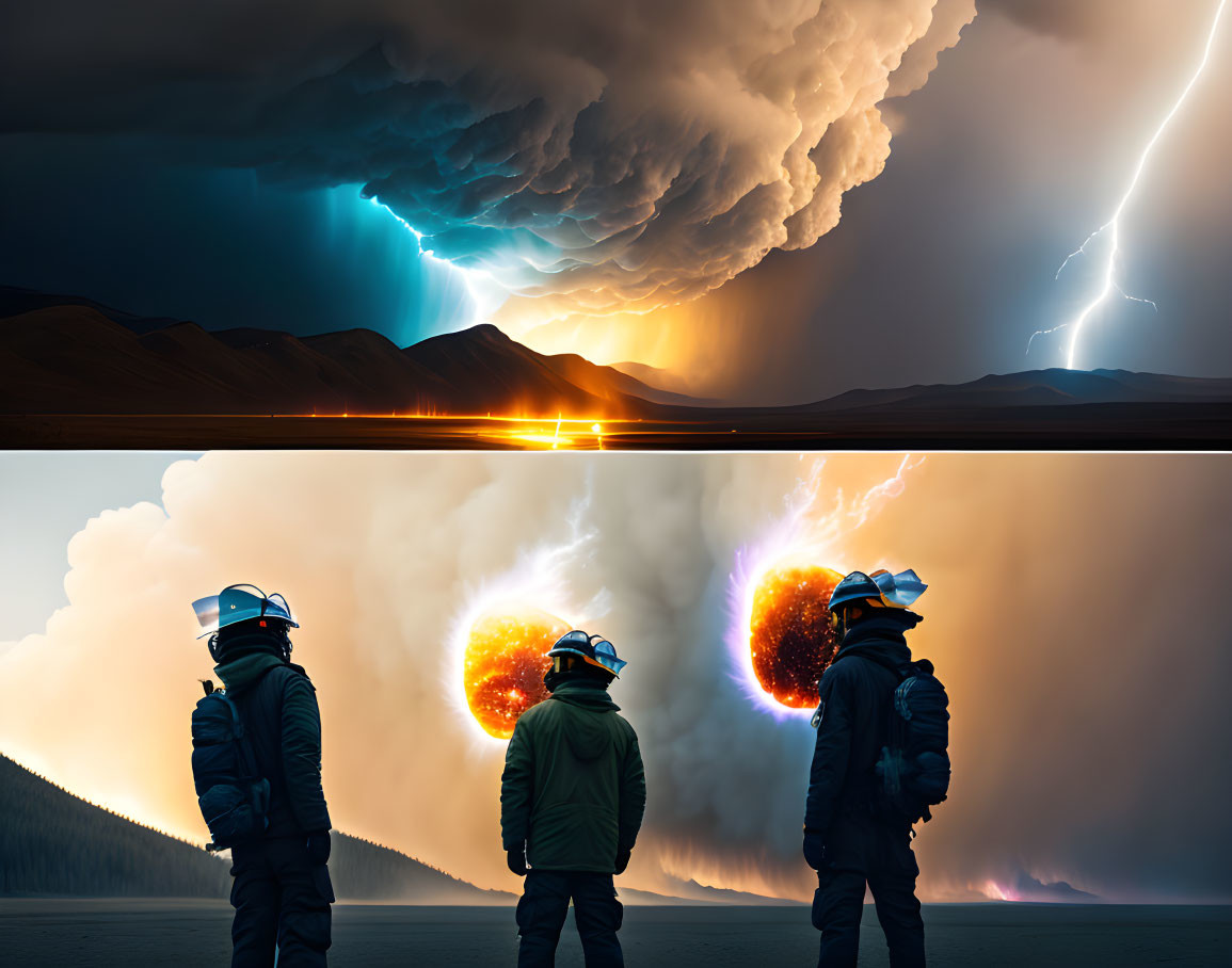 Composite Images of Thunderstorm and Firefighters Observing Explosion