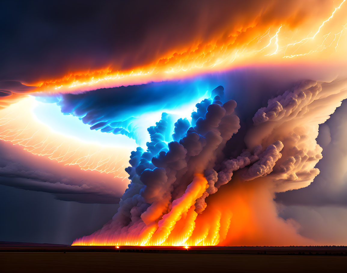 Dramatic storm cloud with fiery orange lighting and lightning streaks in dark sky