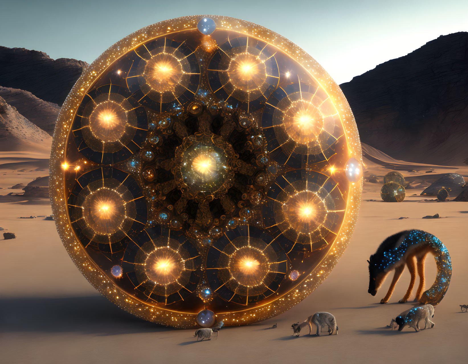 Surreal desert landscape with golden orb, star-patterned animals