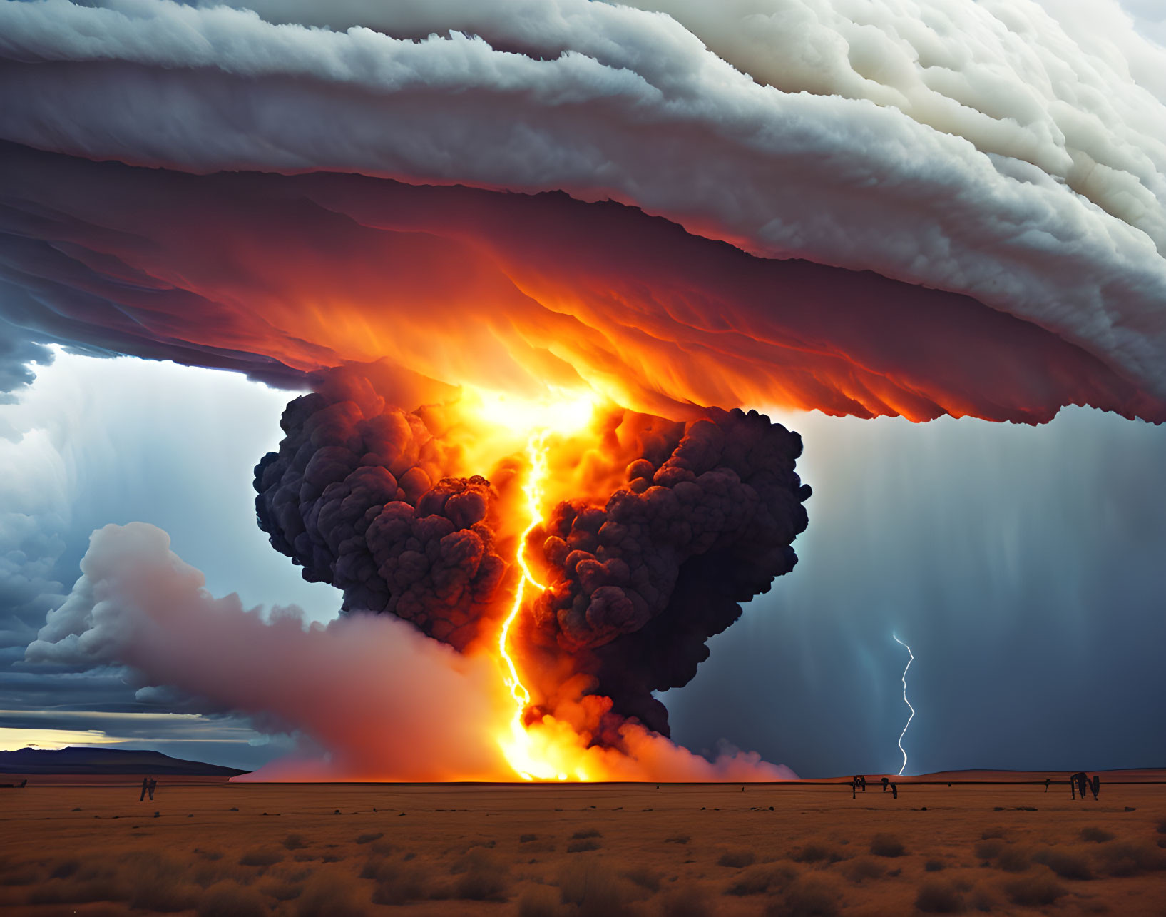 Fiery volcanic eruption with towering ash plume and lightning