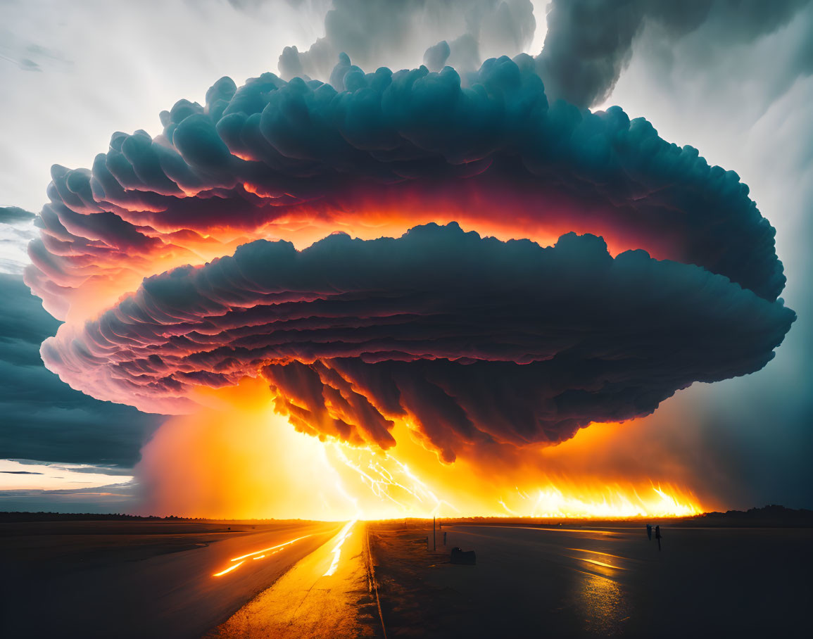 Intense lightning illuminates dramatic fiery cloud formation