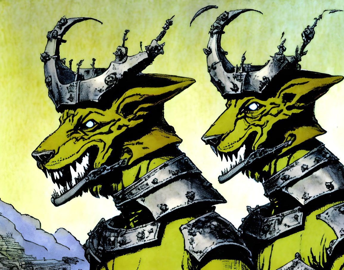 Anthropomorphic wolves in armor with crowns on yellow background