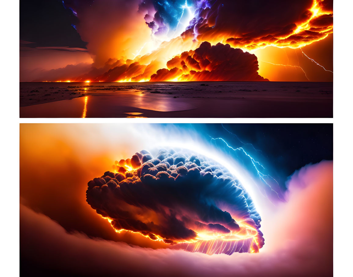 Composite Image: Dramatic Storm Scenes with Lightning Bolts and Illuminated Clouds