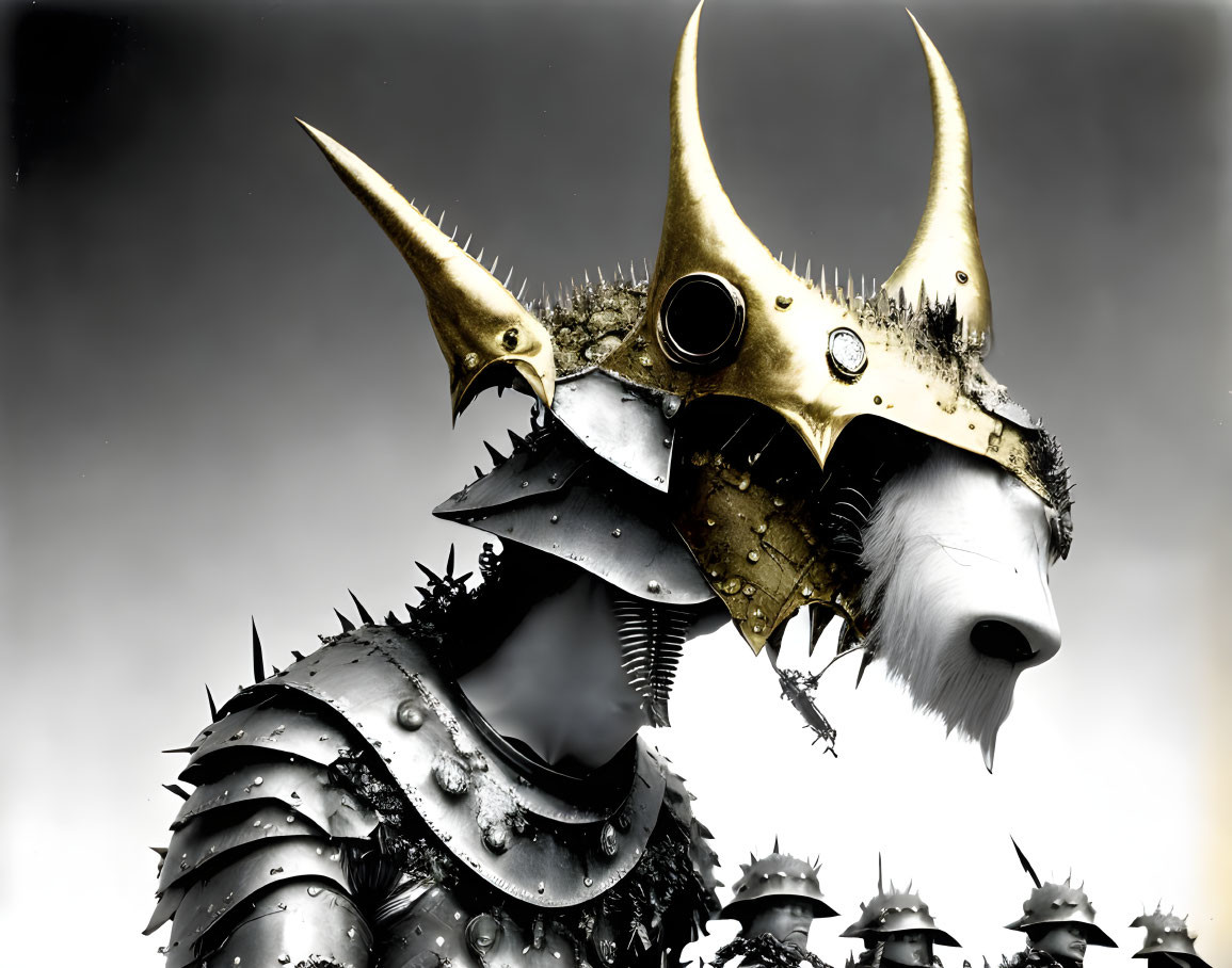 Fantasy character in spiked metallic armor under gloomy sky