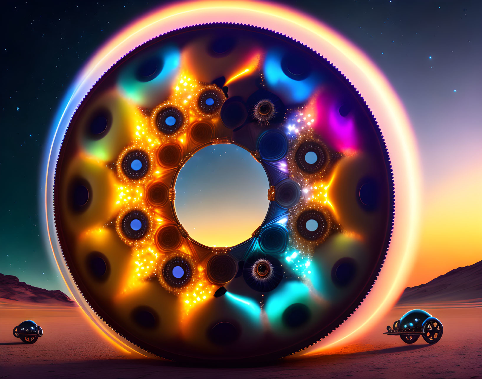 Futuristic torus with glowing fractal patterns in desert twilight.