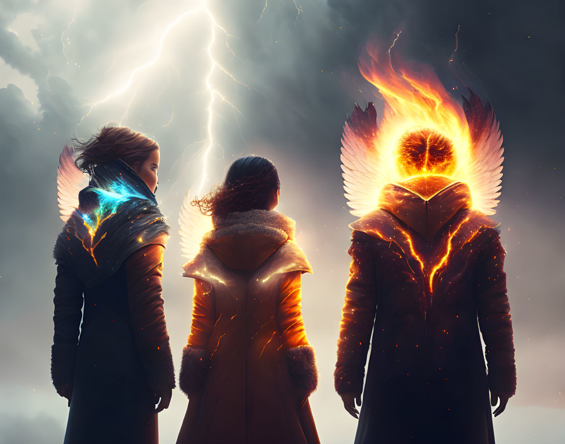 Three individuals with fiery illuminated wings under dramatic sky with lightning bolt