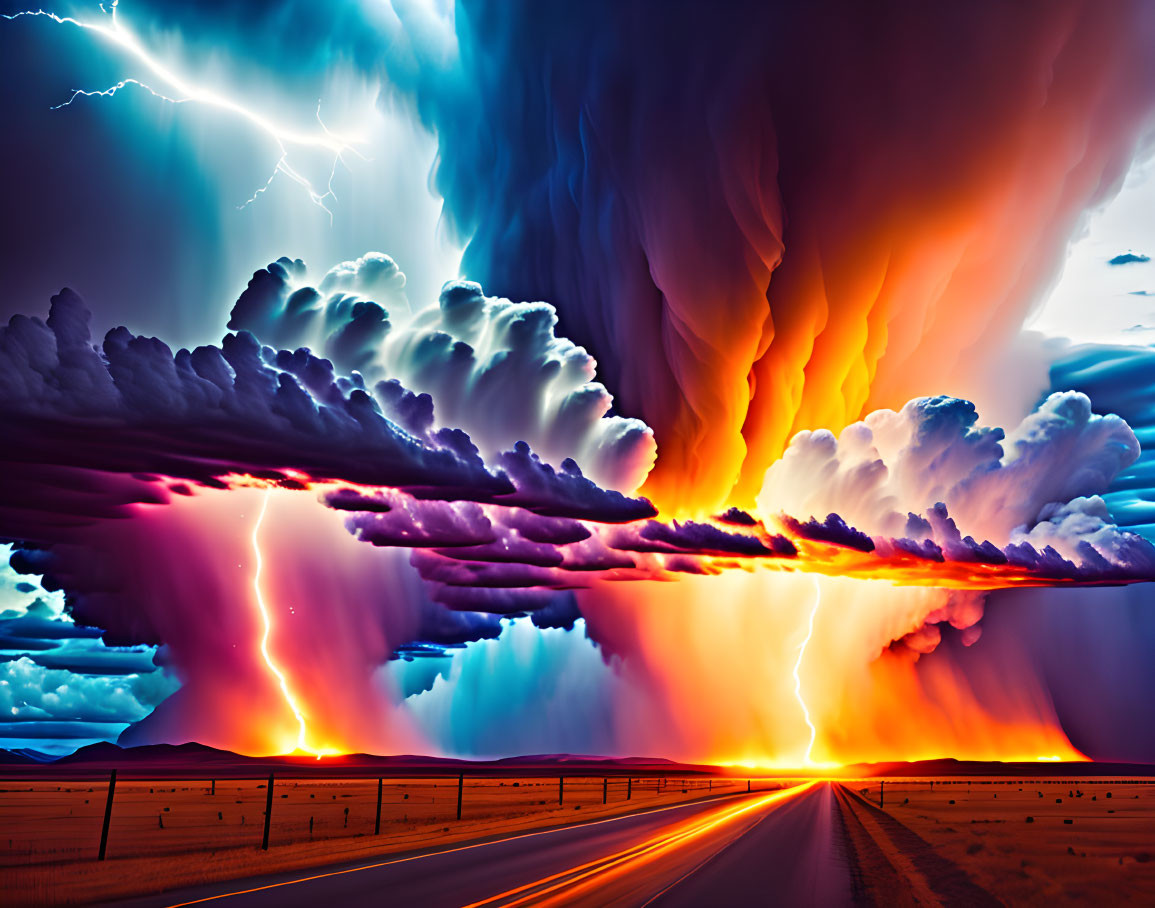 Dramatic storm clouds and lightning over road at fiery sunset